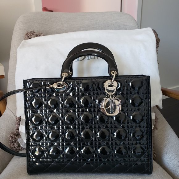 Large Lady Dior Bag - Black Patent Cannage Calfskin - Picture 2 of 6